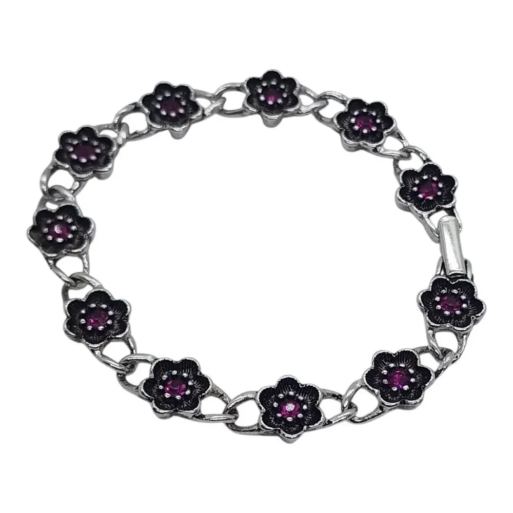 Vintage Avon Floral Link Bracelet Silver Tone Purple Rhinestone Flower 7.5